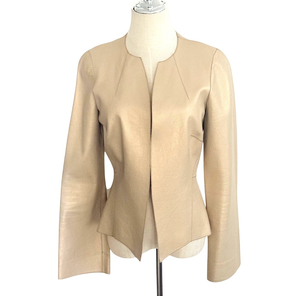 Vintage Rozae Nichols Y2K Beige Gold Leather Peplum Open Jacket Small